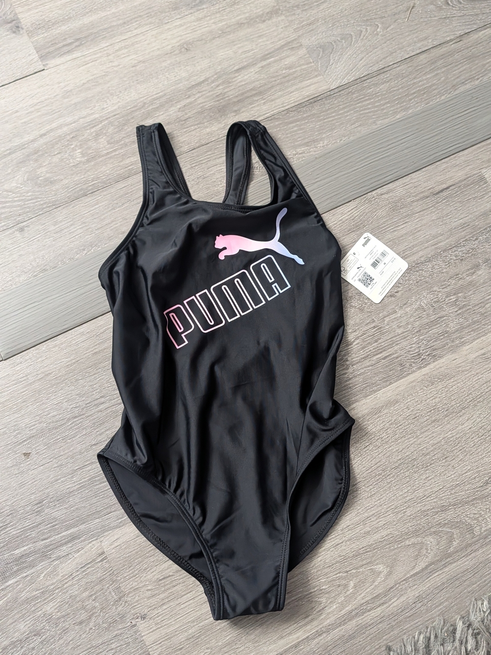Puma Black One-Piece Girls' Swimsuit with Pink Gradient Logo